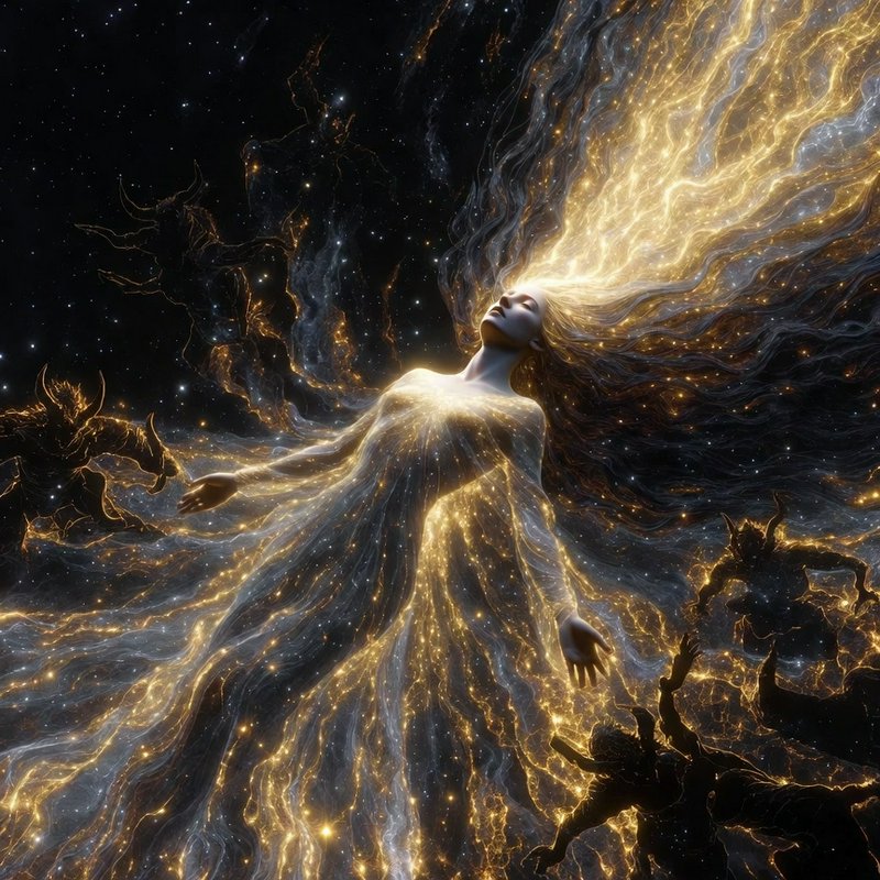 Glowing ethereal woman with radiant golden energy flowing from her body in a cosmic space scene.