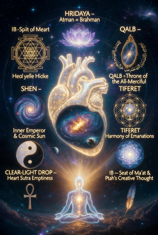 Central glowing anatomical heart surrounded by esoteric symbols, lotus, and meditation figure in ...