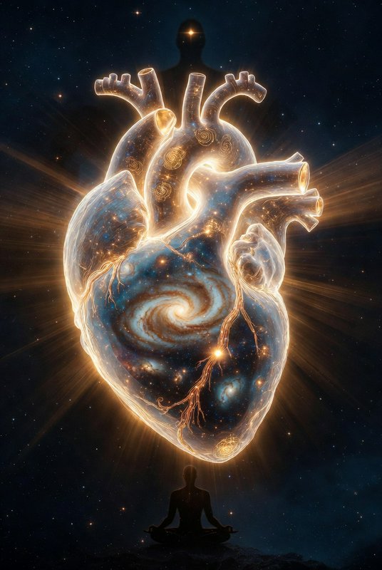 Transparent glowing heart with a spiral galaxy inside, levitating above a meditating silhouette u...