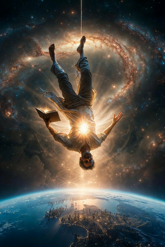 Person hanging upside down in space above Earth, holding a book with a glowing halo of light.