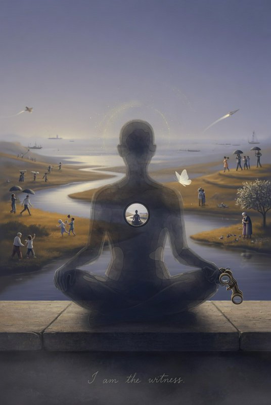 Silhouetted meditating figure with a chest portal overlooking a coastal landscape filled with peo...