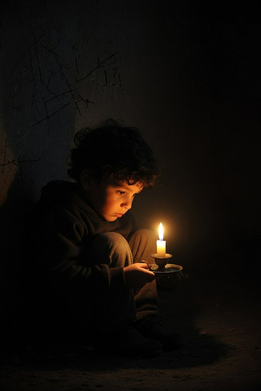 Young child sitting in darkness holding a lit candle in a small holder.