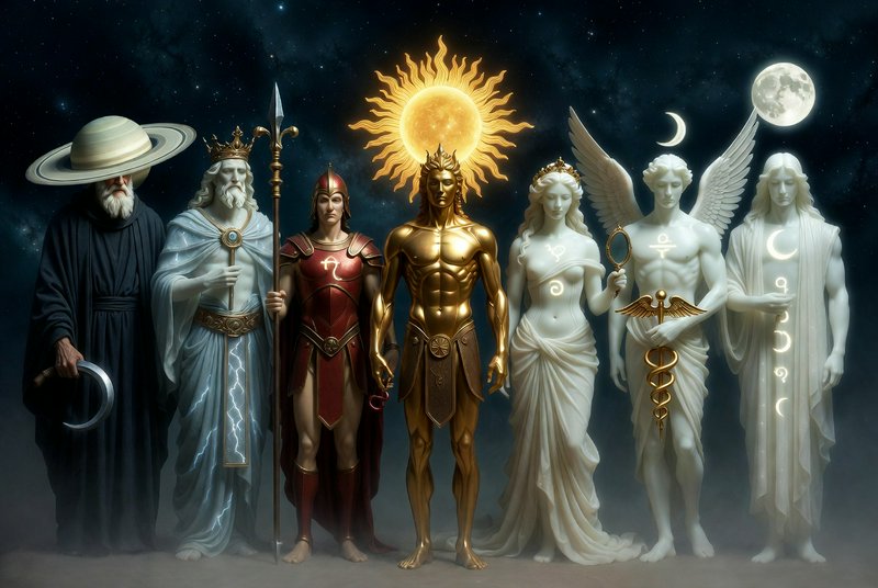 Lineup of Greco-Roman planetary deities each marked with their celestial symbol, standing against...