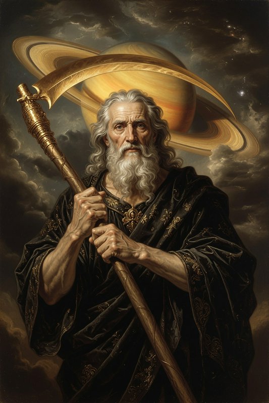 Baroque portrait of Cronus, elderly bearded time god holding a golden scythe, ringed Saturn glows...