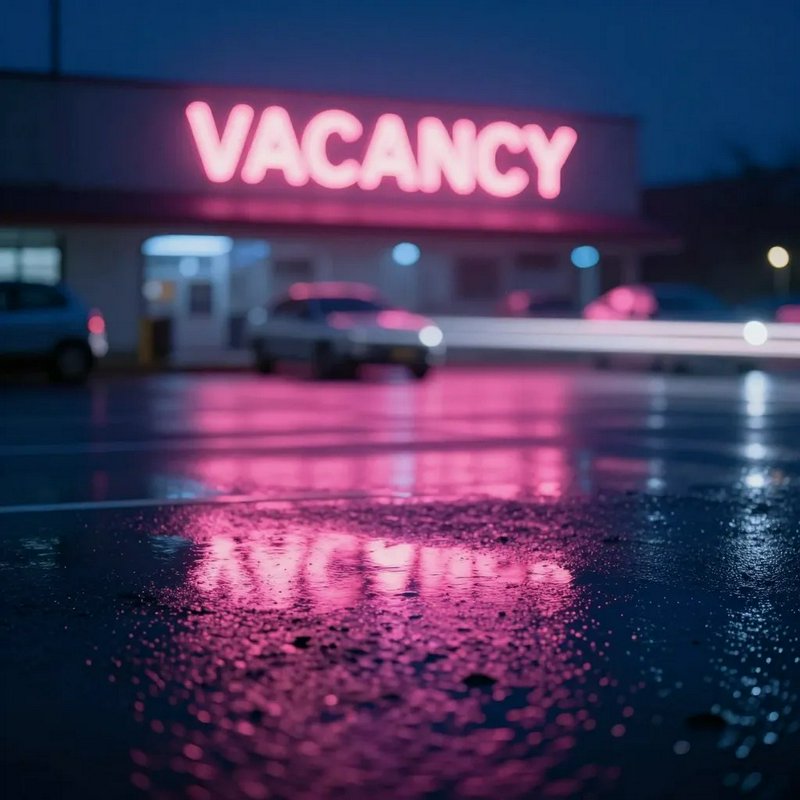 Glowing pink neon VACANCY sign reflected on wet rain-soaked motel parking lot at dusk, soft bokeh...