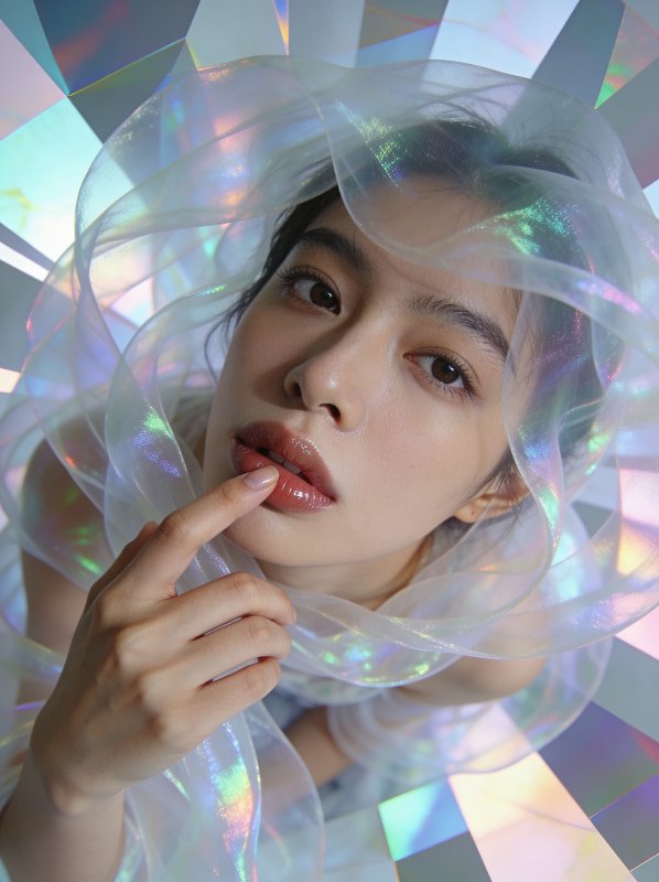 Close-up portrait of an Asian woman surrounded by iridescent translucent ribbons.