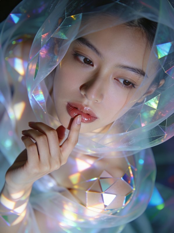 Portrait of a woman wrapped in iridescent holographic fabric with reflective geometric accents