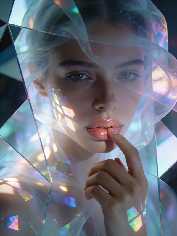 Close-up of a young woman surrounded by iridescent reflective plastic panels with glossy lips.