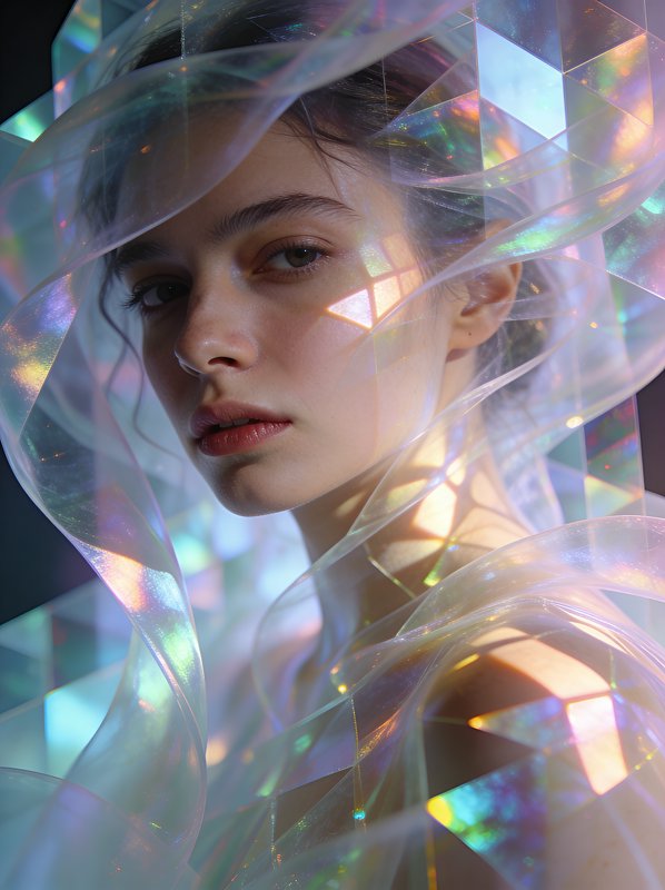 Portrait of a young woman wrapped in iridescent translucent fabric with prism-like light reflecti...