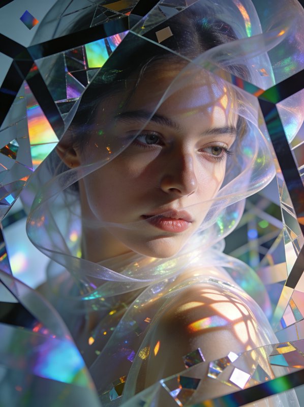 A close-up portrait of a woman surrounded by iridescent, prismatic fabric and mirrored shards.