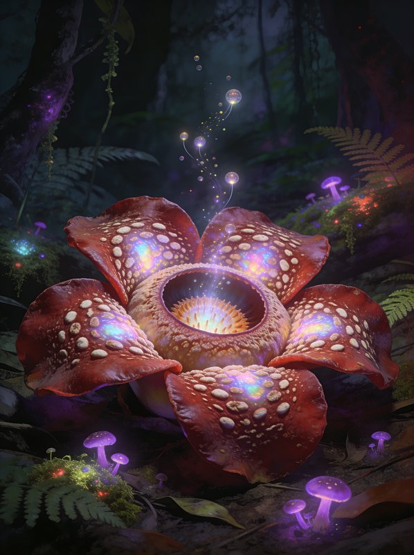 A luminous, fantasy flower with glowing petals and bioluminescent center in a dark, magical forest.