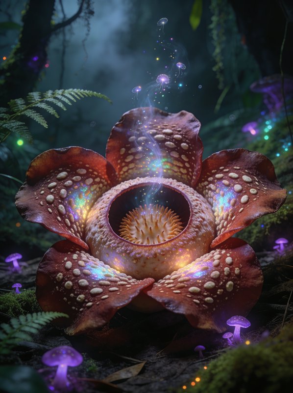 A surreal, glowing flower with a bright inner cavity in a dim forest, surrounded by bioluminescen...