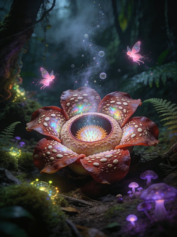 Large glowing fantasy flower in a dark forest with ethereal light, glowing orbs, and pink magical...
