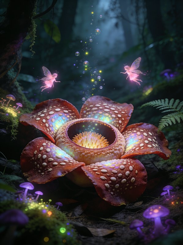Fantastical glowing flower in a dark forest with iridescent petals and tiny fairies.