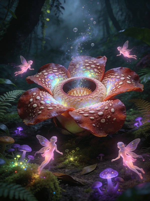 A glowing fantastical flower in a dark forest with luminous fairies and bioluminescent mushrooms.