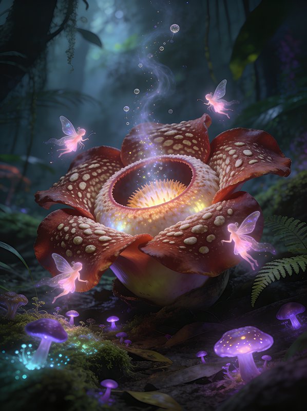 Bioluminescent fantasy flower with glowing center and tiny pink fairies in a mystical forest