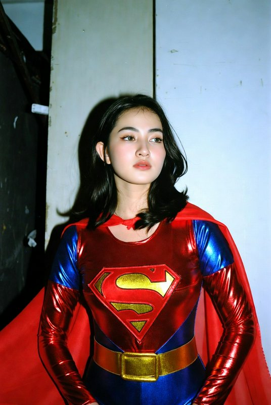 Young woman in shiny Supergirl cosplay costume looks thoughtfully off-camera against a plain indo...