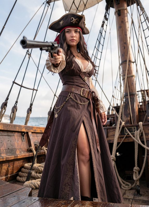 Confident female pirate in a tricorn hat aims an antique flintlock pistol while standing on the d...