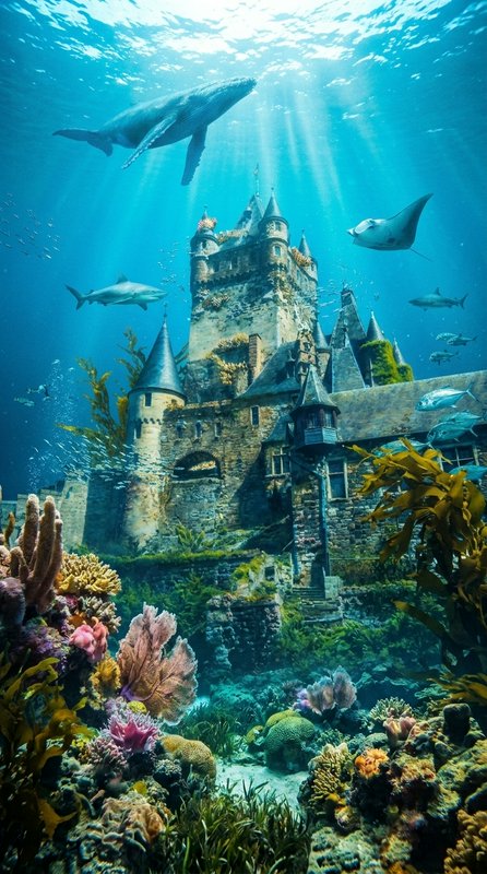 Sunken medieval stone castle rests on a colorful coral seabed as whales, rays, and fish swim thro...