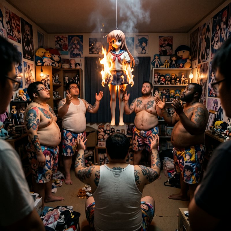 Group of men raise hands in worship toward a burning hanging anime figurine in a cluttered otaku ...