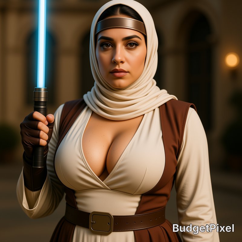 Portrait of stoic hijabi female Jedi holding a glowing blue lightsaber in a warm blurred stone co...