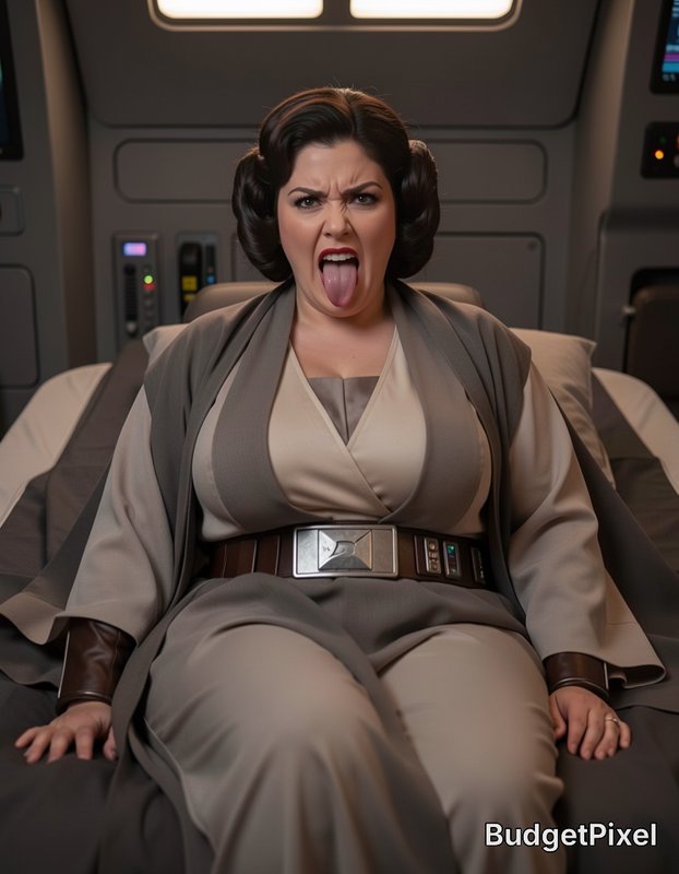 Plus size Princess Leia parody character making a silly face, seated on a starship bunk