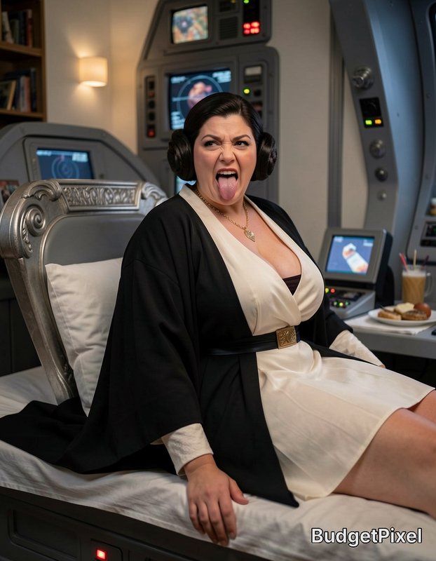 Humorous Princess Leia parody woman pulling a silly tongue-out face sitting in retro-futuristic s...