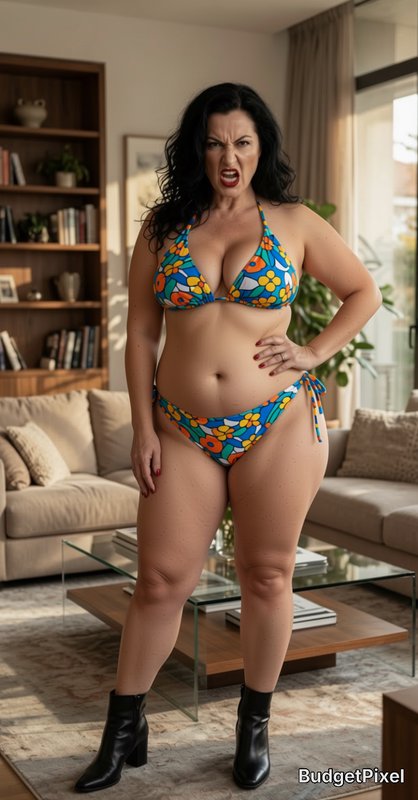 Angry curvy woman in retro floral bikini and black ankle boots posing in a sunlit modern living room