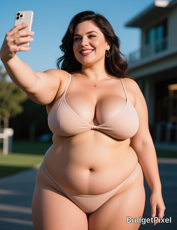 Smiling plus-size woman in a beige bikini takes a selfie outdoors on a sunny residential summer day