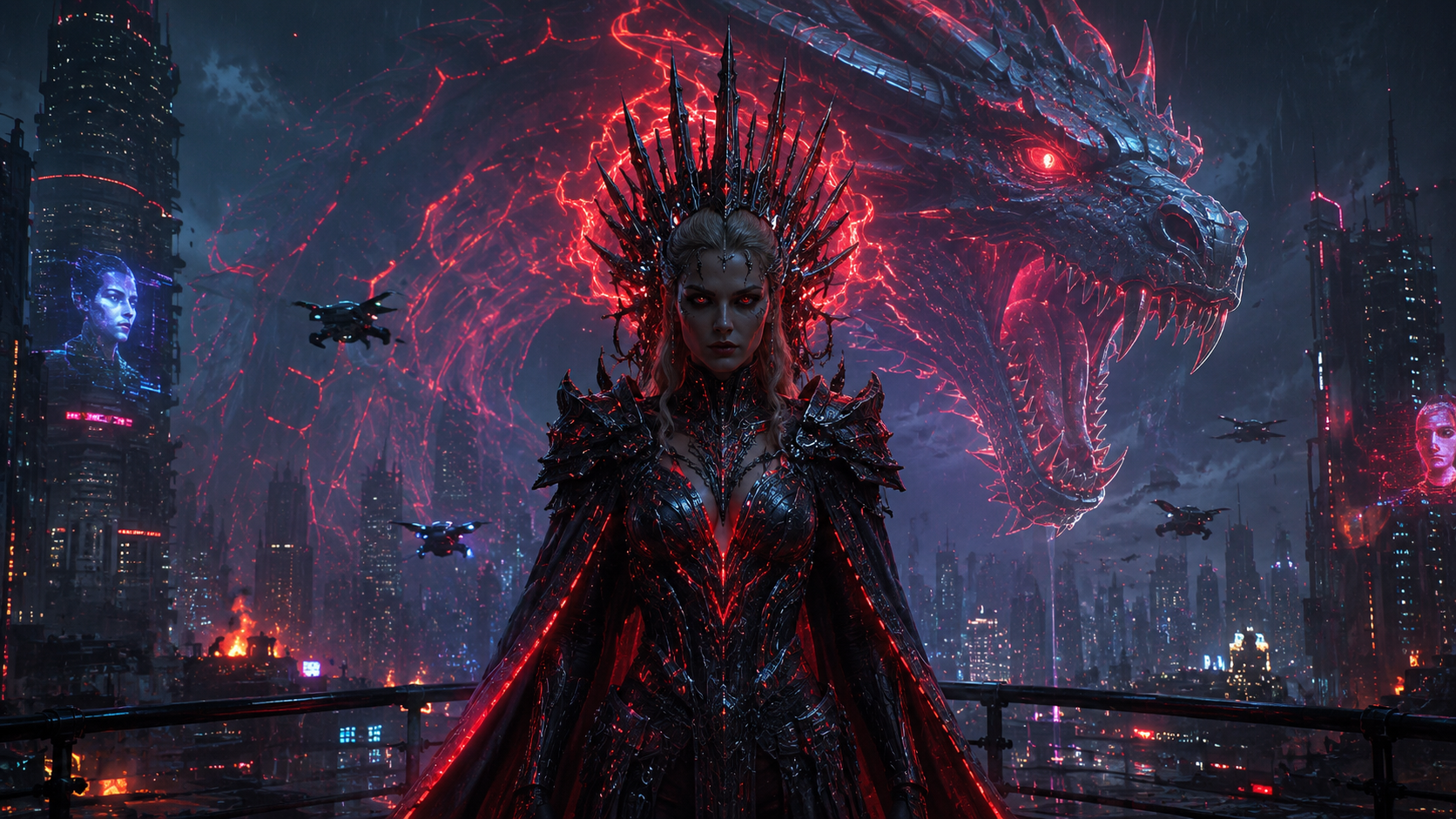 Cyberpunk dark empress in spiked armor stands before a glowing red dragon overlooking a dystopian neon night cityscape
