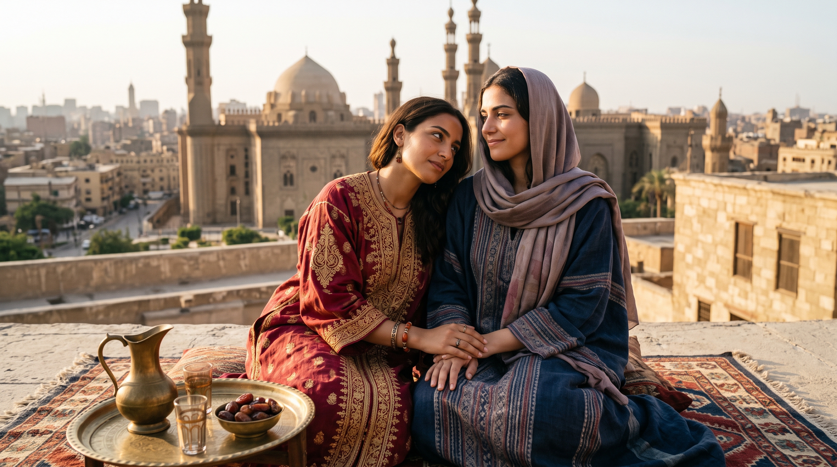 Two women in traditional attire share an iftar gathering — AI art by ...