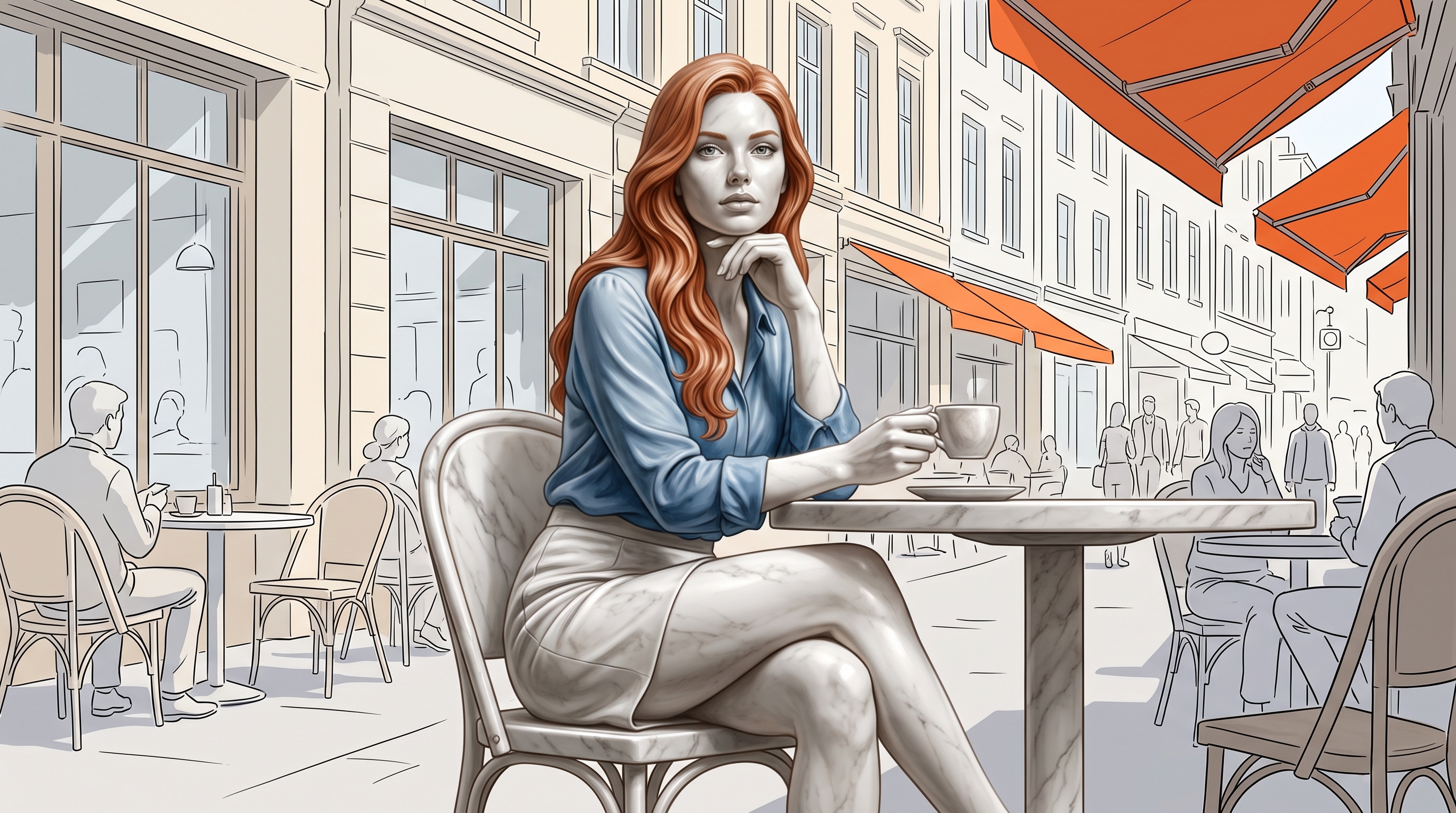 Surreal marble woman with long wavy red hair sits at a European sidewalk cafe holding a coffee cup