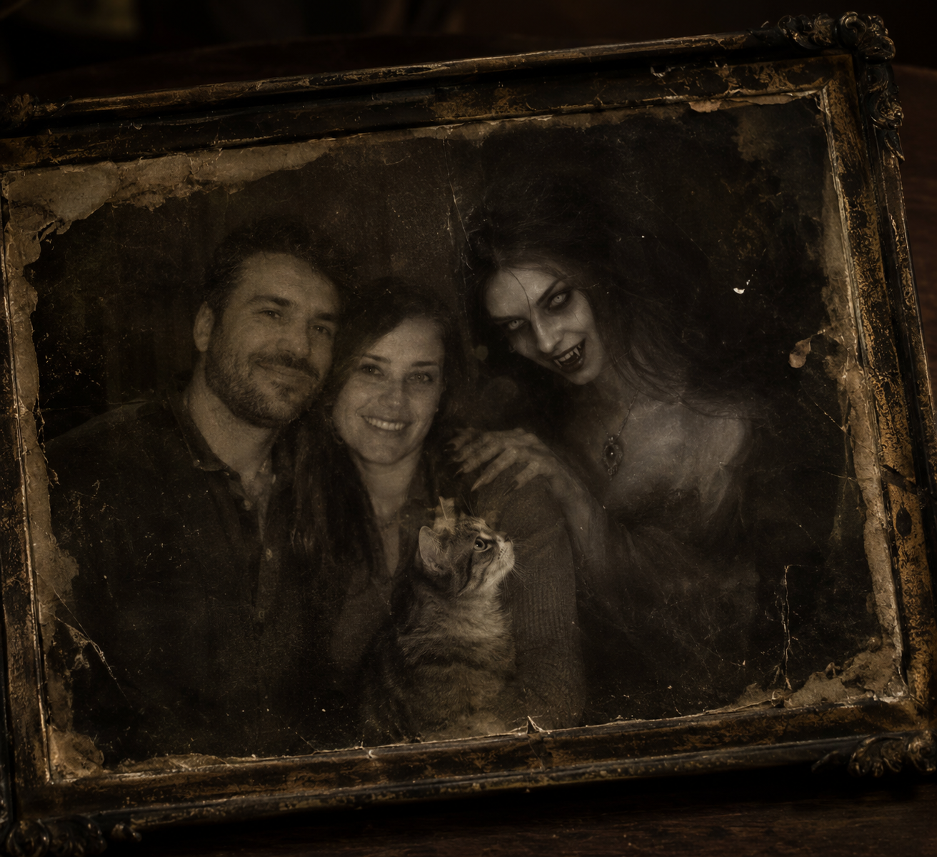 Worn vintage framed portrait of a couple, tabby cat, and menacing fanged vampire leaning into the group