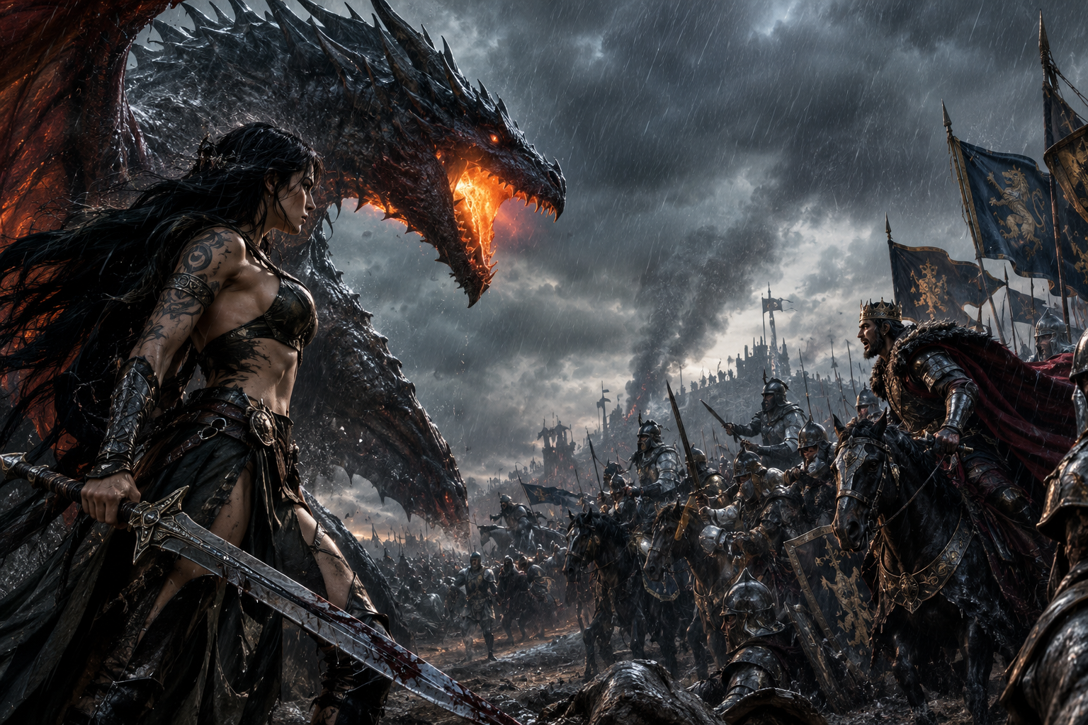 Tattooed warrior woman with a fire-breathing dragon confronts a royal army on a rainy battlefield