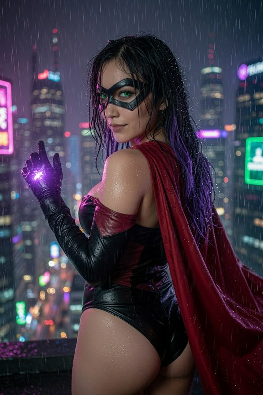 Female masked superhero stands on a rainy neon city rooftop, holding glowing purple energy in her gloved hand at night.