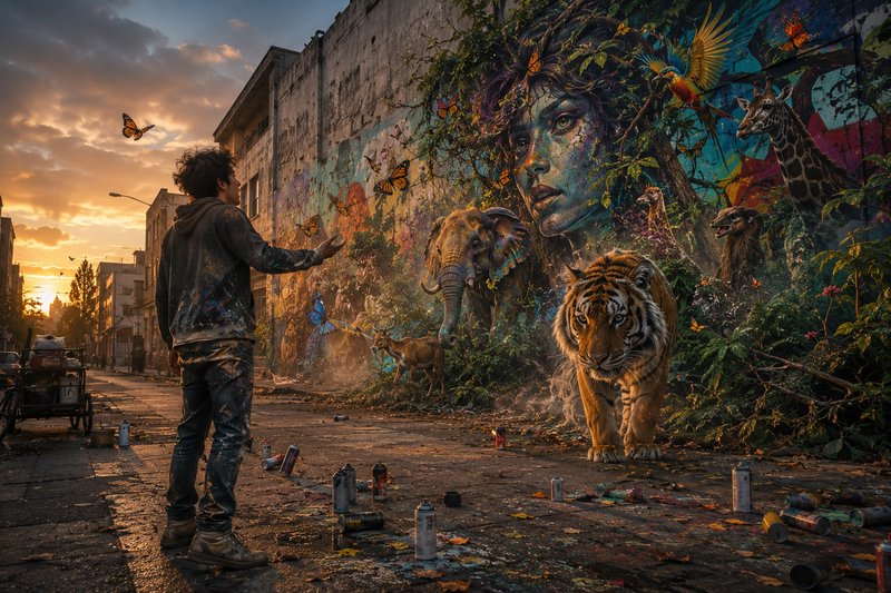 Paint-splattered street artist gestures as his surreal wildlife mural appears to come alive on a city wall at golden sunset