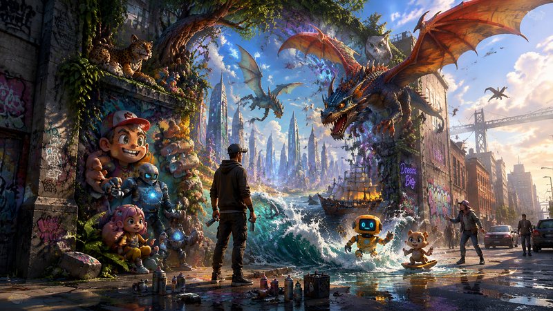 Street artist holds spray cans as his vibrant fantasy graffiti comes to life, spilling magical creatures and worlds onto