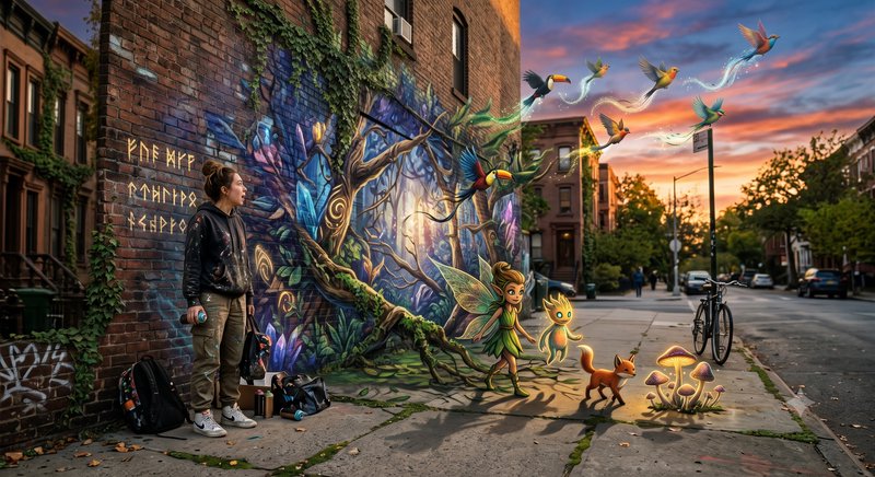 Astonished street artist watches her magical forest wall mural come to life on an urban brownstone sidewalk at sunset.