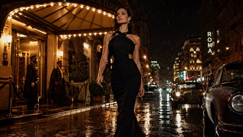 Elegant woman in a black evening gown walks a rain-slicked city street outside a lit luxury hotel...
