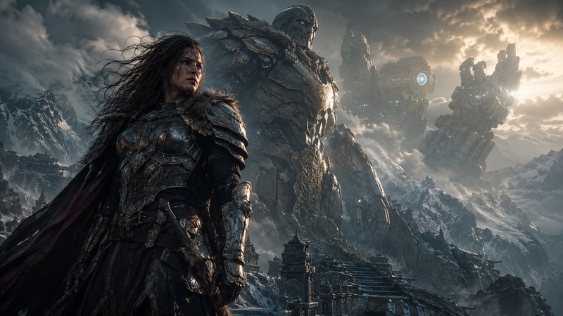 Fierce armored female fantasy warrior stands before towering stone golems overlooking misty snow-...