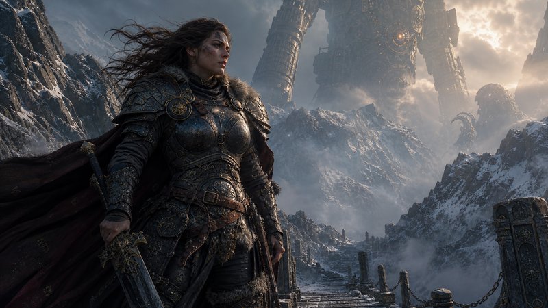 Battle-worn female warrior in ornate steel armor stands on a misty mountain pass, with a giant co...