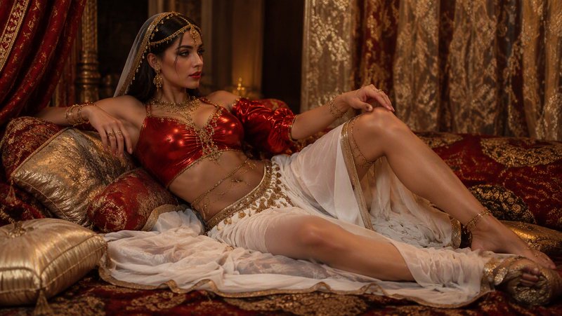 Regal woman in embellished red and gold South Asian royal attire reclines on an ornate embroidere...