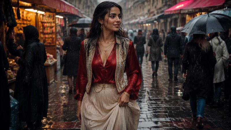 [Elegant smiling young woman in ornate attire walks through a busy rain-soaked historic market street]