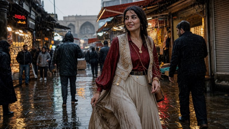 Smiling woman in ornate traditional attire walks through a rain-soaked historic cobblestone bazaar