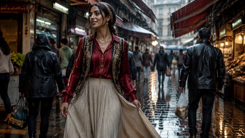 Smiling woman in ornate embroidered vest walks through glistening rainy historic covered market a...