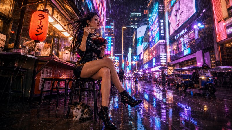 Stylish woman eats ramen at a neon street food stall on a rainy cyberpunk city night, tabby cat s...