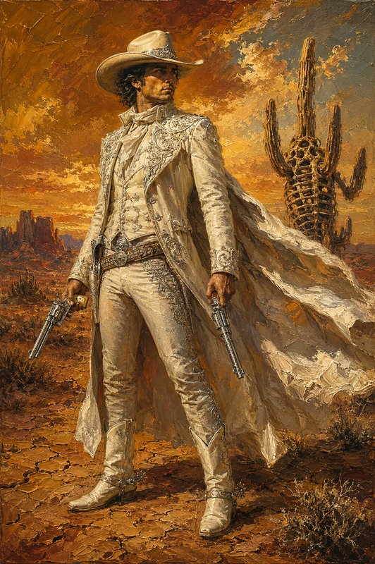 Impasto oil painting of an ornate white-suited cowboy holding dual revolvers standing in a sunset...