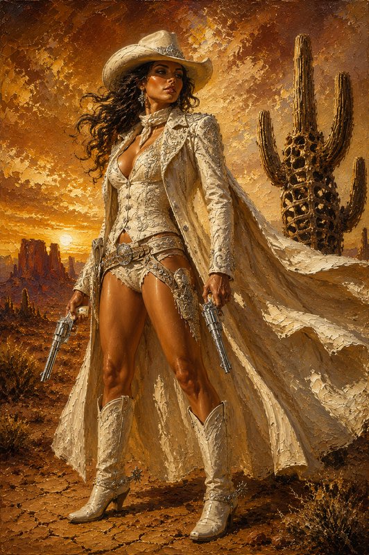 Impasto oil painting of a glamorous female cowgirl gunslinger holding revolvers in a southwestern...