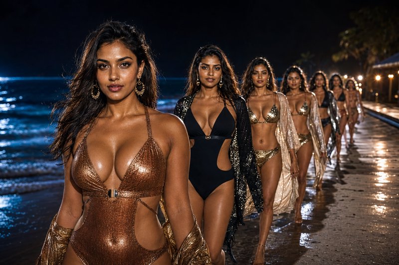 Line of elegant South Asian models in luxury metallic swimwear walking along a lit tropical beach...