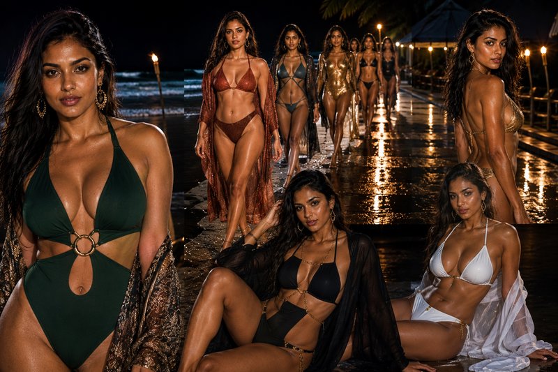 Collage of a South Asian model in luxury swimwear, posing on a lit wet night beach fashion runway...